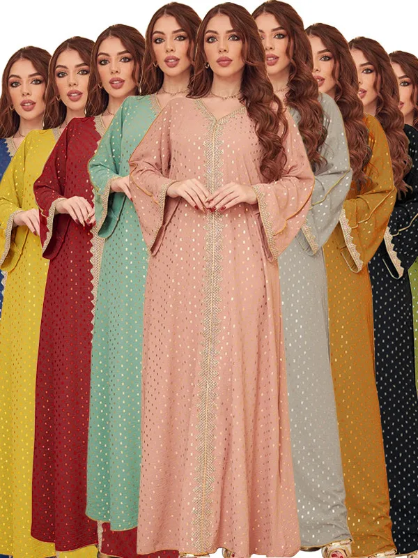 

Gold Emed Muslim Dubai Robe Women's Faion 2023 Summer New Sle Cross-Border Clothing Ethnic Stage Costume Polyester