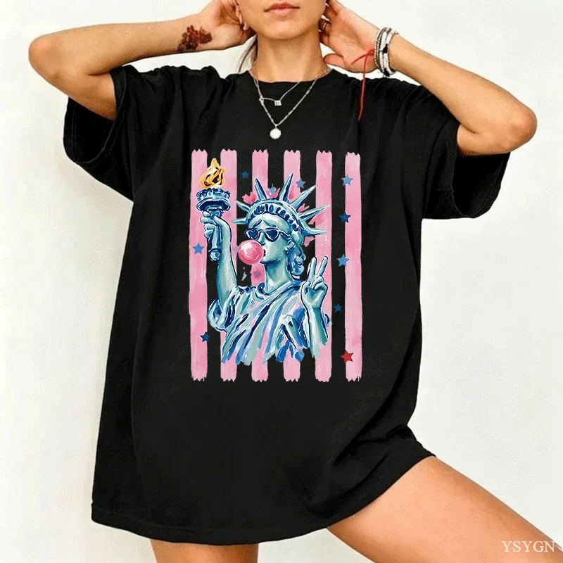 Statue of Liberty Bubblegum Watercolor Print T Shirt Y2K Women Patriotic Graphic Tee Ladies Fashion Casual Tops