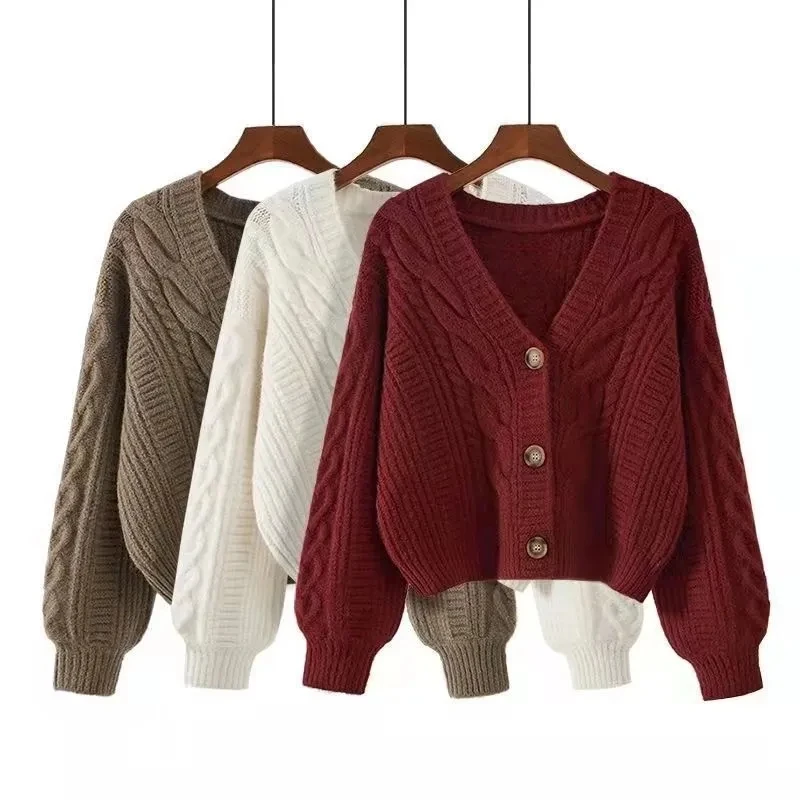 Twists Knitted Thick Casual V-Neck Long Sleeve Women\'s Cardigan Single Breasted Sweater Short Cardigan For Women Clothing 2024