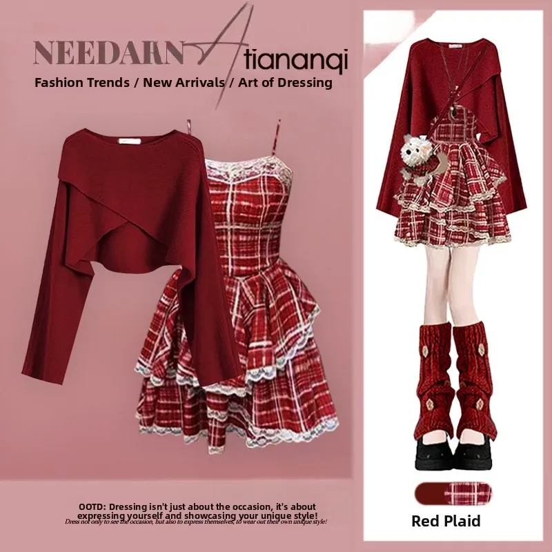 

Комплект Cisas: Красный вязаный свитер с эффектом омоложения и юбка-кейк, женский осенне-зимний модный повседневный комплект из двух предметов