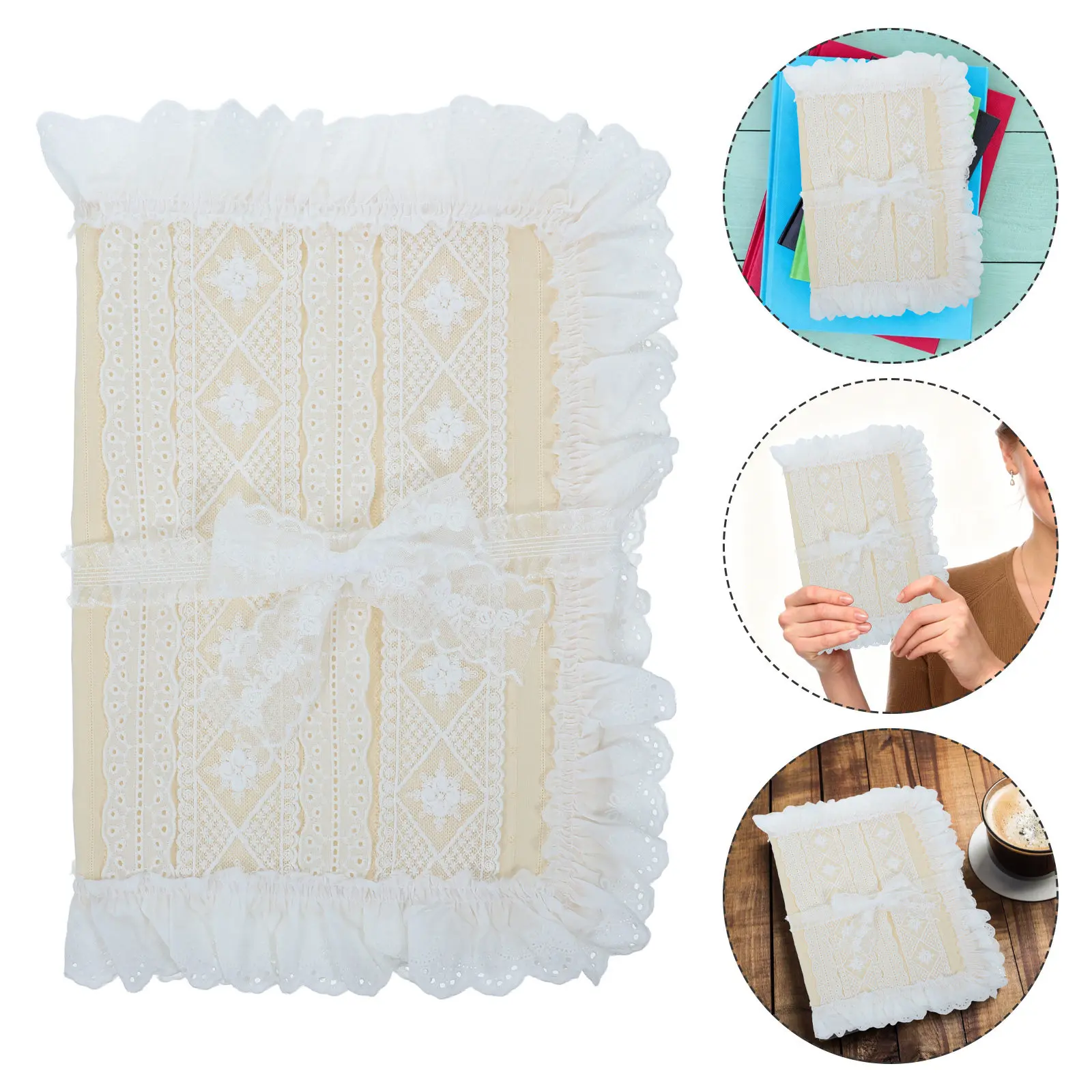 Lace Trim Washable Fabric Book Cover Adjustable Bow Tie Sleeve Protective Case for A4 Notebook Bible Journal Hardcover Paperback