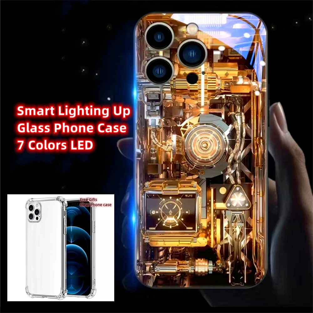 

Gold Machinery Luminous Phone Case LED Light Glass Shockproof Cover For iPhone 15 14 13 12 11 Pro Max XR XS Plus 6 7 8 With Gift