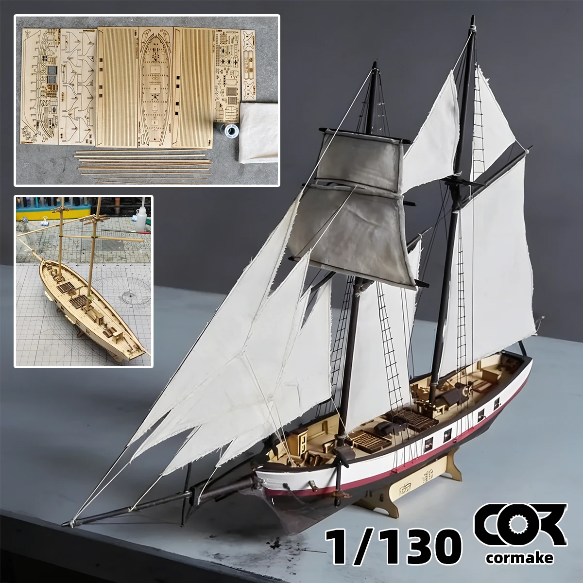 Maqueta a escala 1/130 del velero americano Baltimore Schooner de 2 mástiles, modelo Harvey 1847, barco clásico de vela, galeón de madera.