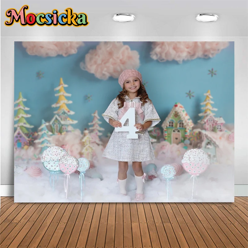 

Mocsicka Christmas Decoration Photography Background Blue Sky White Cloud Dessert House Tree Train Poster Photo Backdrop Props