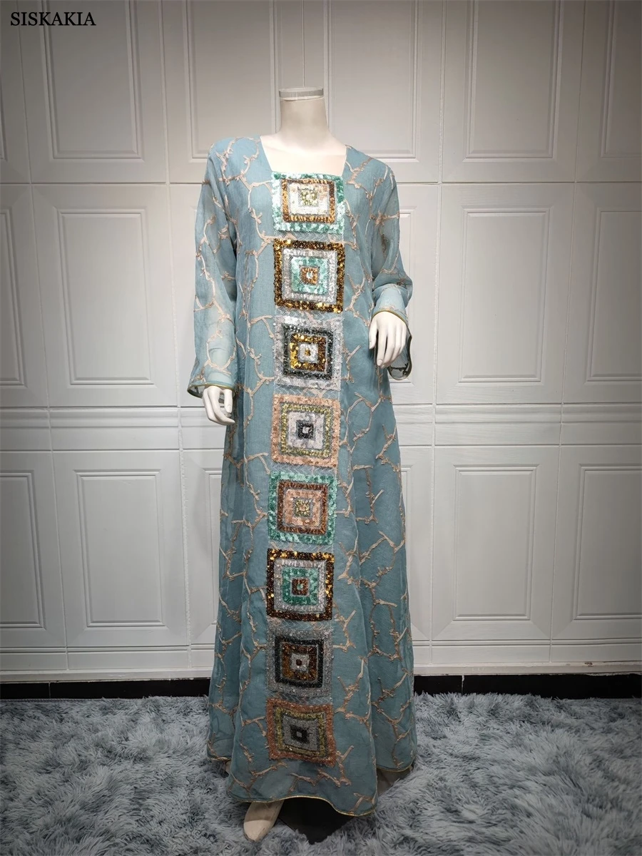 Vestido de lujo Vintage con bordado de lentejuelas, Abaya de manga larga, marroquí, árabe, Ramadán musulmán, Jalabiya, Dubái