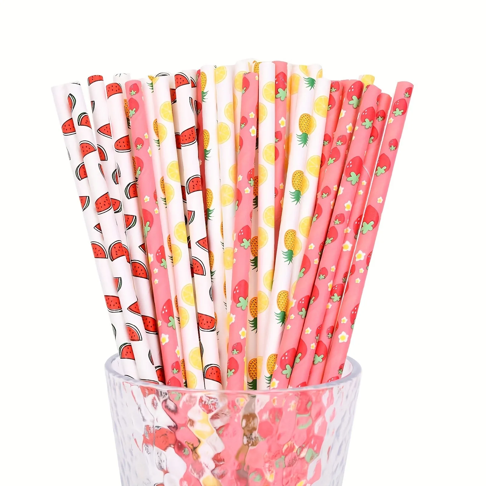 100pcs Cute Fruit Pattern Paper Straws Durable Disposable Flat non-soggy Straws Milk Cocktail Soda Funny Decoration 6*197mm