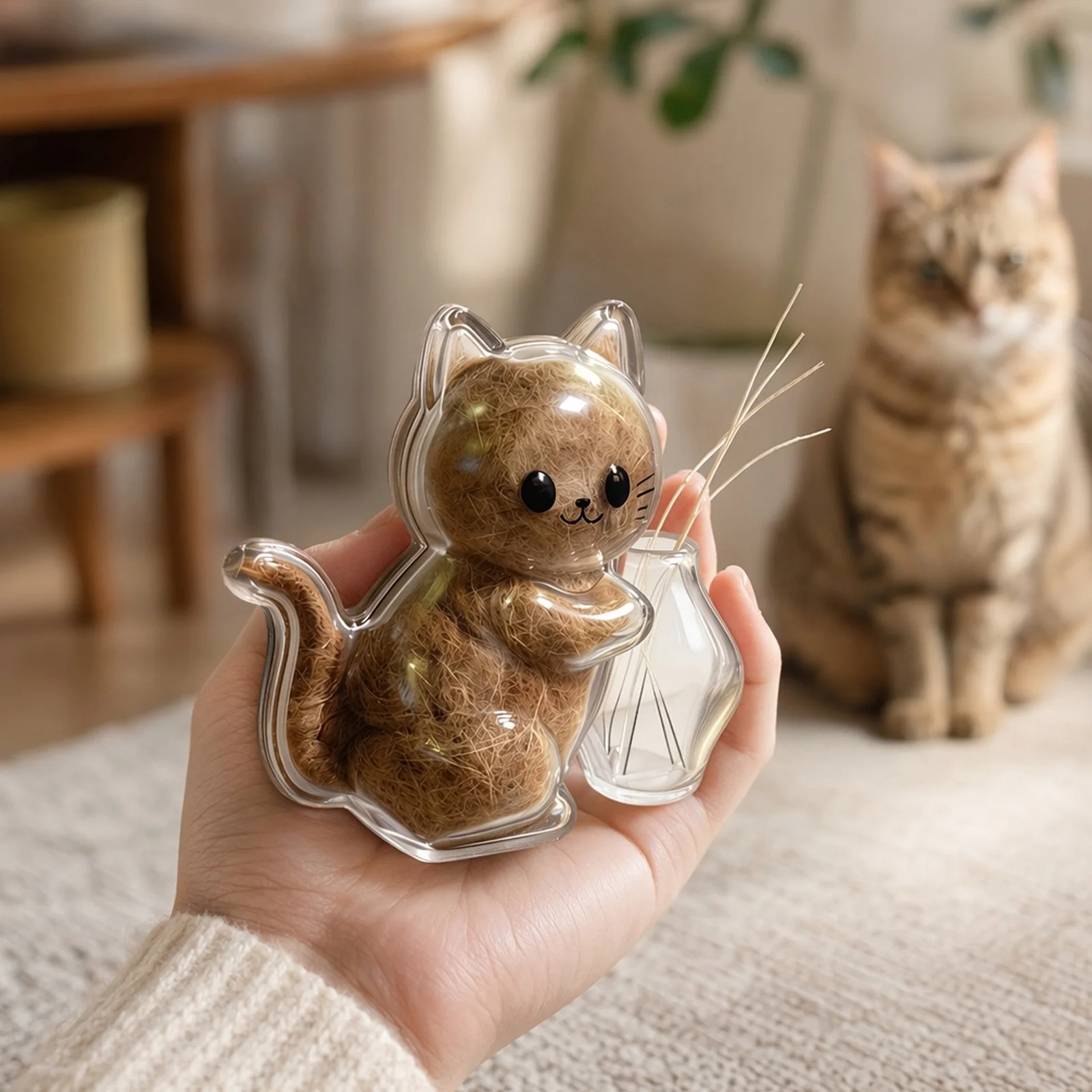Clear Cat‑Shaped Fridge Magnet Transparent Cat Fur Container with Mini Vase for Pets Hairs Removal and Home Cleaning Use