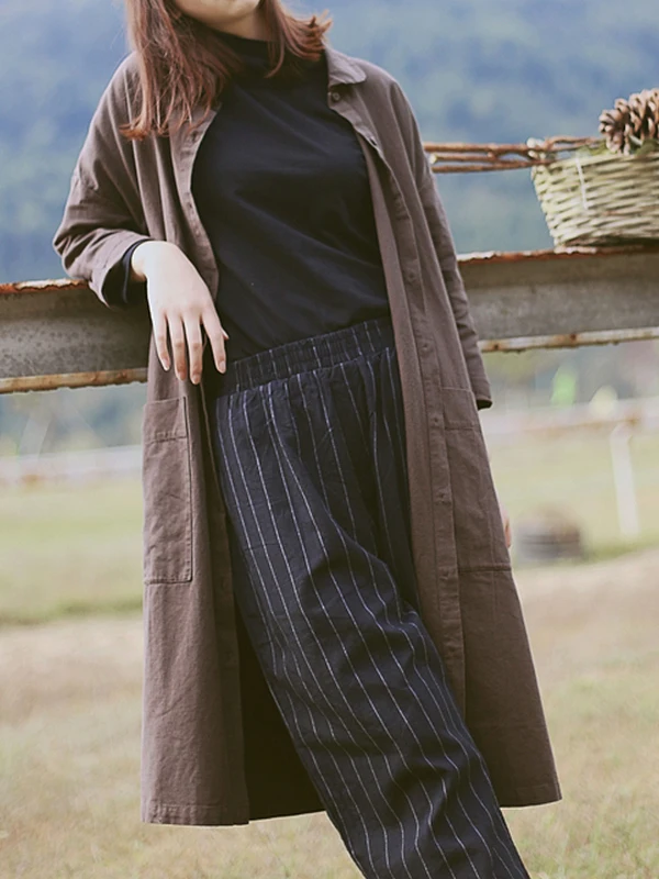 

Spring Autumn Thin Single Button Artistic Aosphere Medium Length Windbreaker Retro Artistic Linen Collar irt Jaet