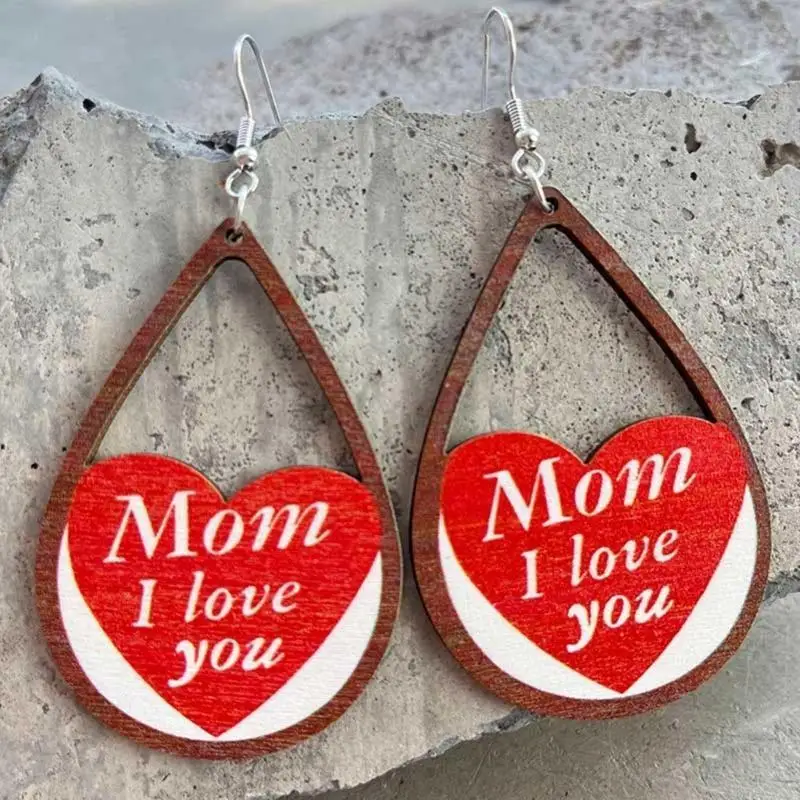 Mother Day Drop-shaped Love the Best Mother Love Wooden Earrings