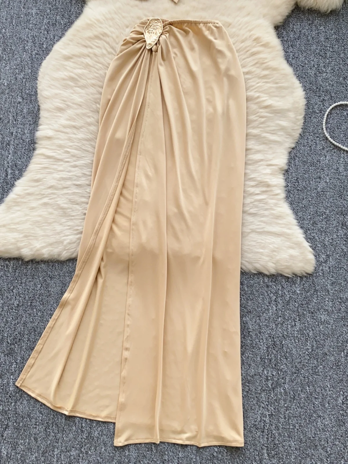 

Pure Desire Women's Faion Set Metal Bule Strap Tube Top Vest Sexy High Slit Slim Fit Skirt Ensemble Spring 2025