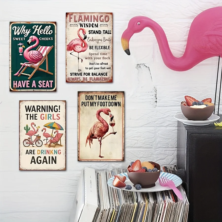 4pcs Vintage Flamingo Metal Wall Art Signs- Retro Mid-Century Modern Tropical Pink Flamingos With Mid-Century Sassy Phrases