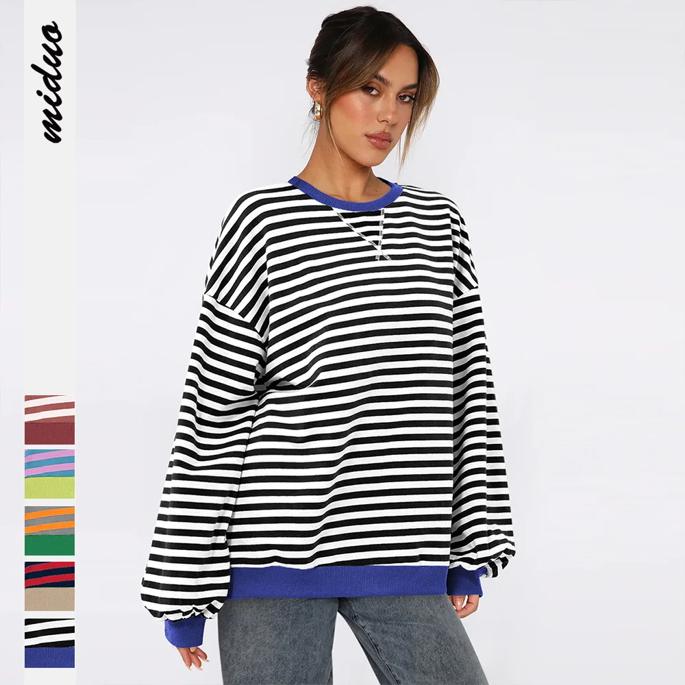 

2024 Spring Autumn Women's Sweatshirt Female O-neck Stripe Long Sleeve Tops Lady's Oversize Pullovers Women's Sport Coats