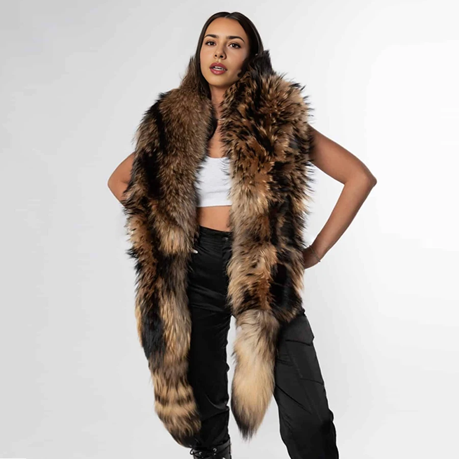 معاطف فرو الراكون الطبيعي شال فرو الراكون الأصلي للنساء كيب فرو حقيقي طويل مع ذيل إكسسوار فراء شتوي دافئ