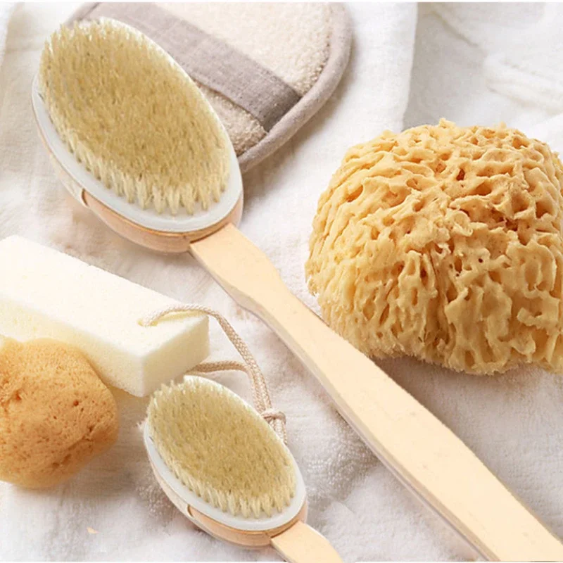 Bathroom Body Brushes Long Handle Bath Natural Bristles Brushes Exfoliating Massager with Wooden Handle Dry Brushing Shower Tool