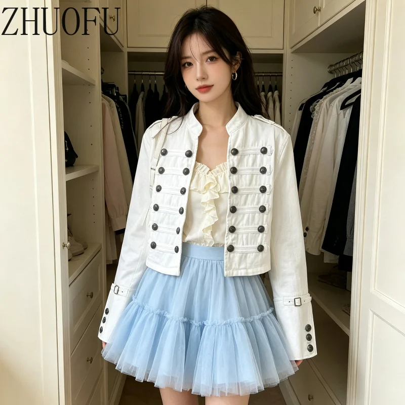 Vintage Women Denim Jacket Stand Collar Metal Double Breasted Buttons Cropped Coat Long Sleeve Gothic Lolita Streetwear Outerwea