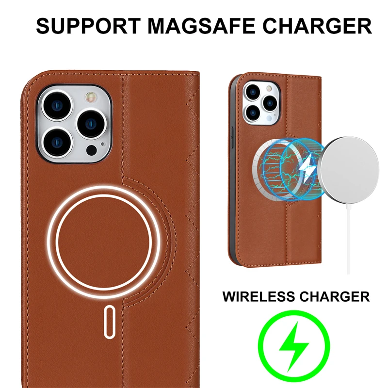 Wireless Charge Phone Case for iPhone 12 13 14 15 16 17 18 Pro Max 16 Plus 17Air Magnetic Wallet Leather Card Slots Flip Cover