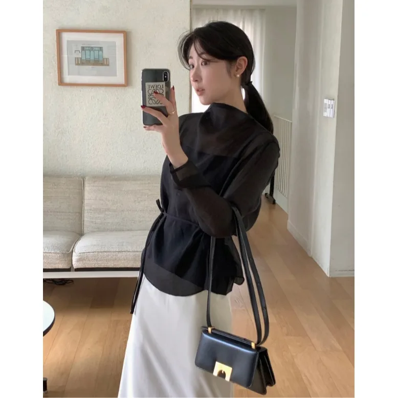 Ele f High Collar Long Sve irt Belted Slim Fit Two Piece Set Ba Button Design Korean Sle Women's Faion