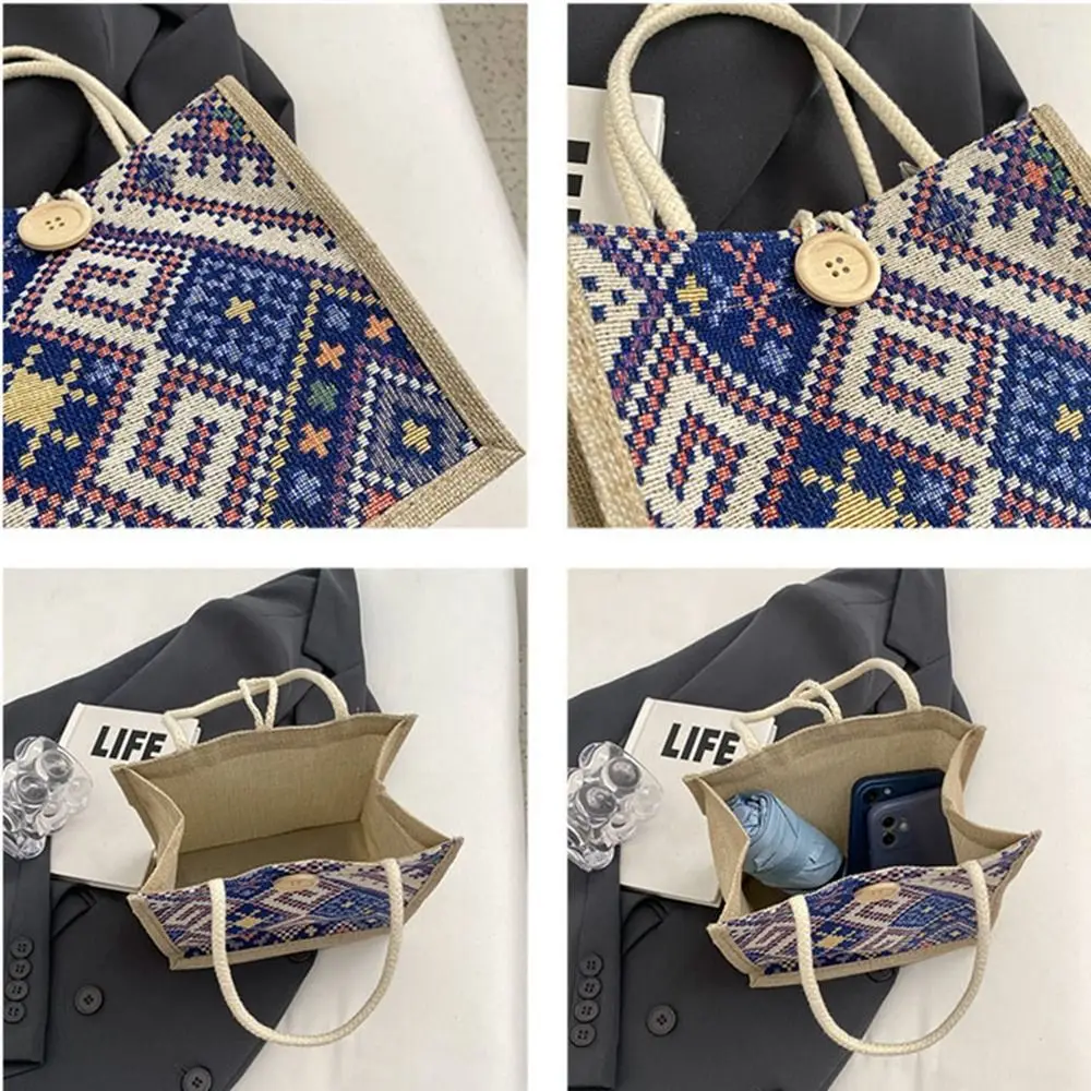 Schattige Borduurwerk Etnische Stijl Canvas Tas Grote Capaciteit Print Linnen Handtas Draagbare Draagtas Bedrukking Doek Lunch Tas Reizen