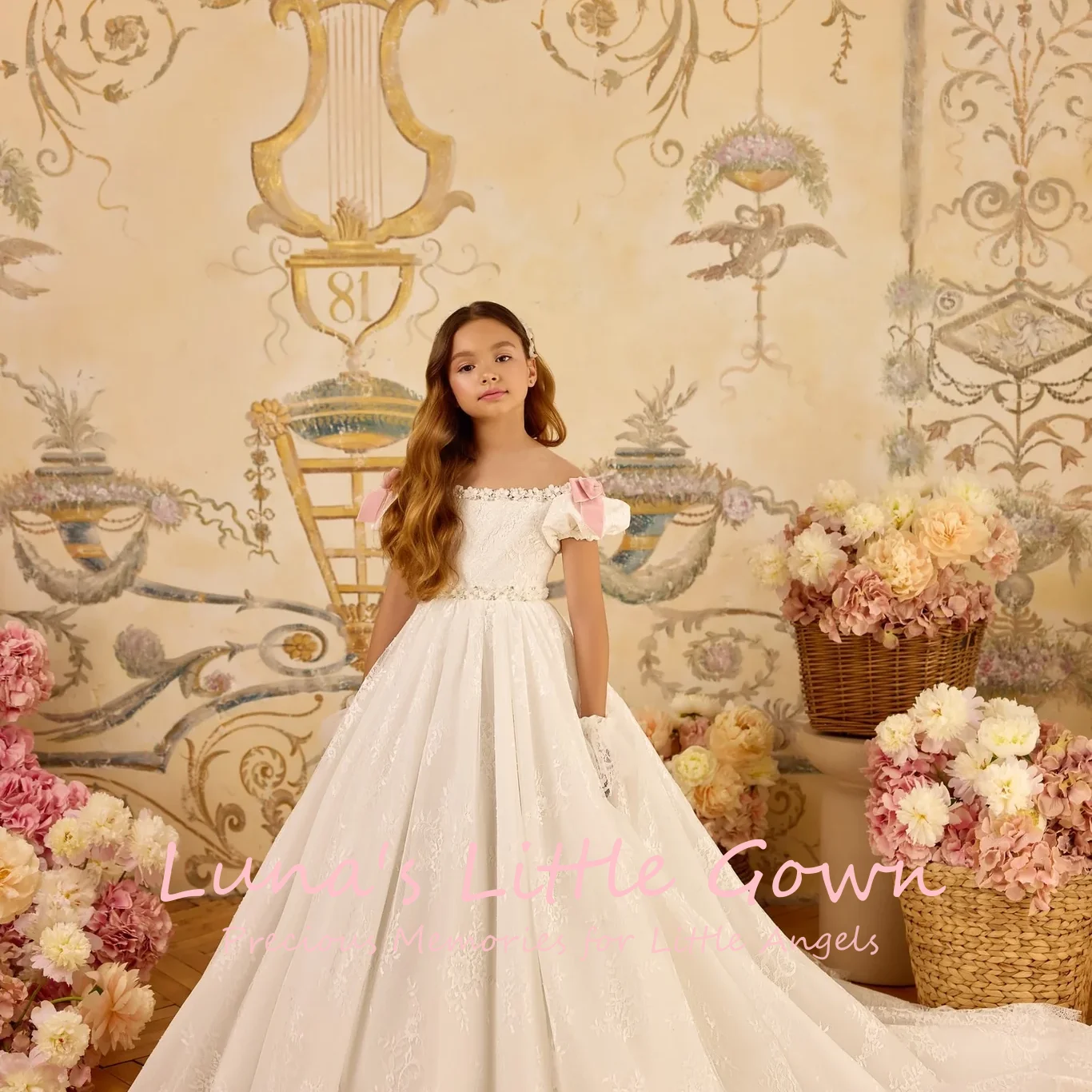 

White Lace Off-Shoulder Flower Girl Dress With Pink Bows & Puff Sleeves Kids First Communion & Wedding Formal Ball Gown