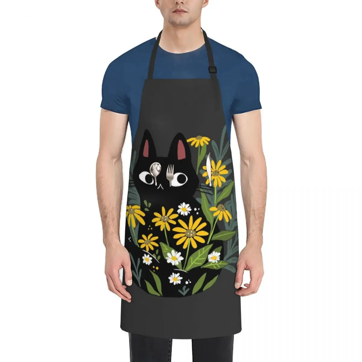 

Black cat with flowers Apron Kitchen Accessories 2022 Woman Work Men's Kitchen For Women Apron