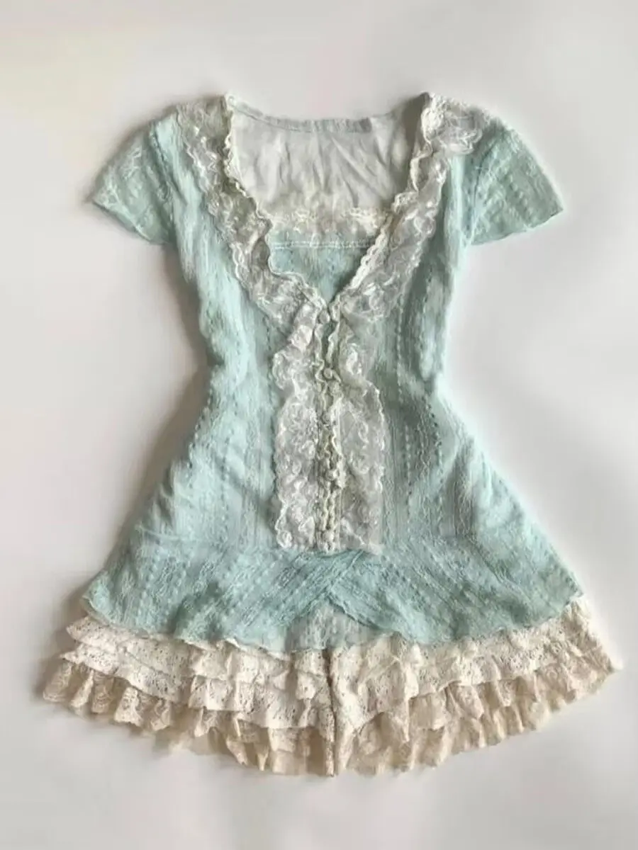 Vestido de renda 2 peças doce vintage magro t camisa cintura alta elegante mini saia verão coreia vestidos femininos y2k vestido de festa roupas