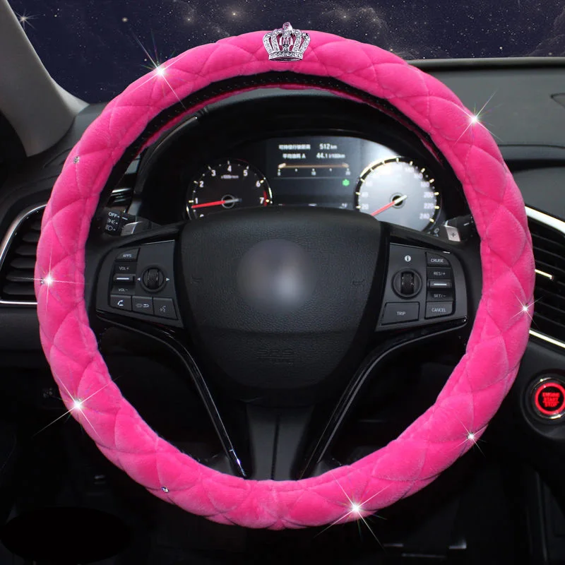 

High Quality Pink Plush Car Steering Wheel Cover Women Diamond Crystal Crown Steering-Wheel Cases Auto Interior Accessories