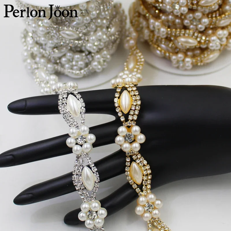 Pearl flower rhinestone trim plating gold silver flatback pearl crystal decorative chain clothing accessories ML090