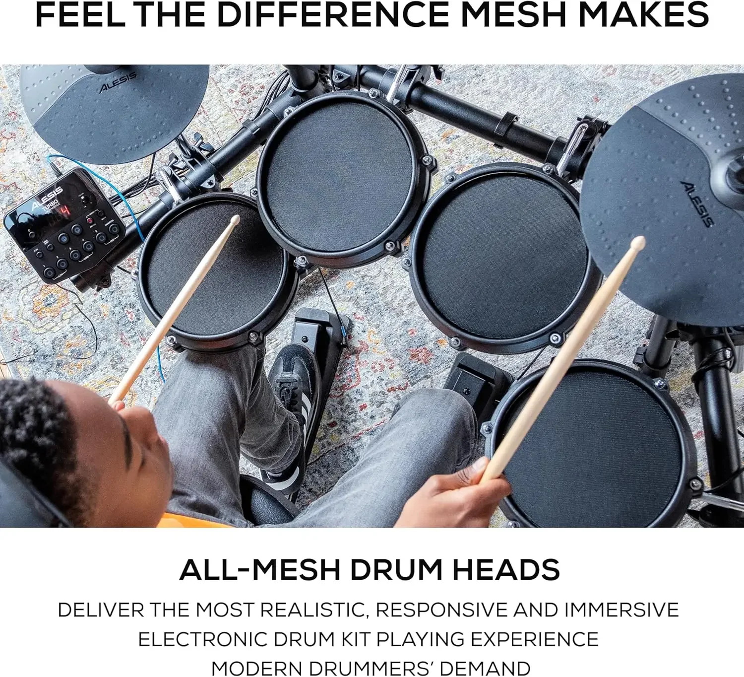 Mesh Kit – Electric Drum Set With 100+ Sounds, Quiet Mesh Pads, Sticks, Connection Cables, Lessons