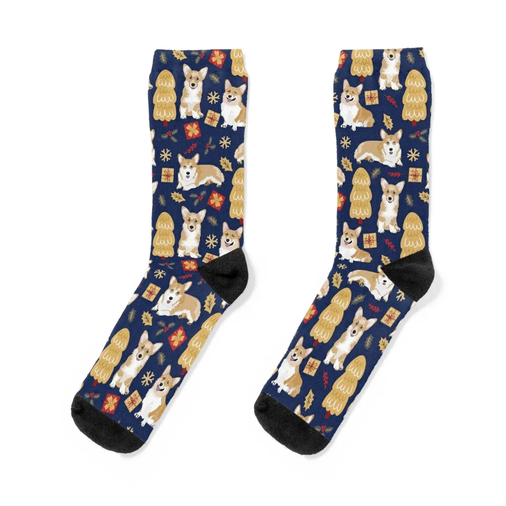 

Corgi christmas pattern blue Socks cotton winter thermal Stockings set Socks Man Women's
