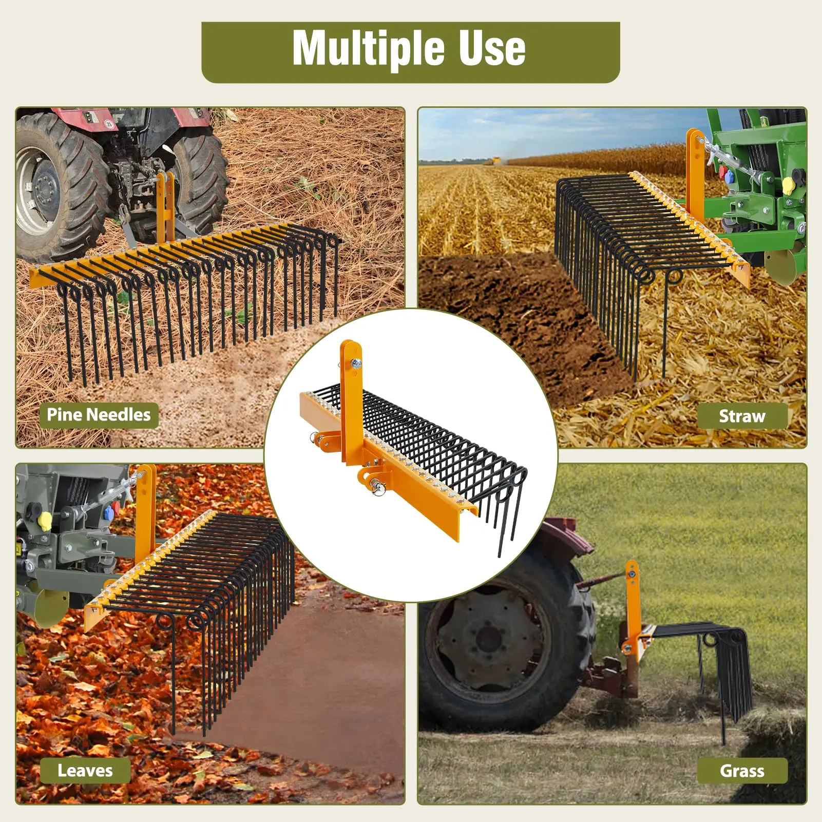 72 Inch Pine Straw Rake, 30 Coil Spring Tines Durable Powder Coated Steel Tow Behind Landscape Rake with 3 Point Hitch Receiver Attachment Fit to Cat0 Cat 1 Tractors for Leaves Grass