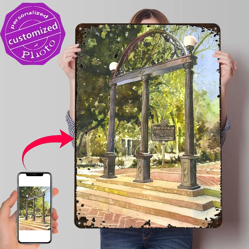 University of Georgia Arch Watercolor 3D Texture Printed Poster Customized Wall Art Vintage Metal Tin Signs for Office Decor