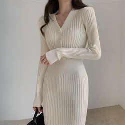 Slim V-Neck Fashion Elegant Knitted Dress Over the Knee Autumn Winter Bag Hip Solid Office Lady Vintage Knitted Bodycon Dress