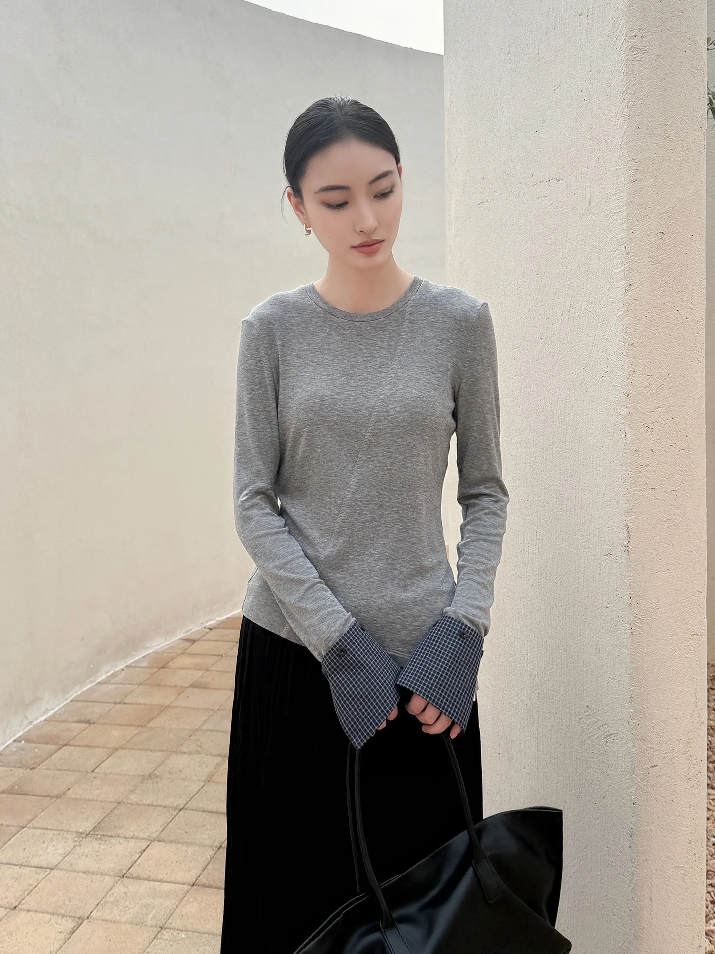

Jieji Zhang Qi Women's Slim Fit Long Sve Wool Base irt Spring Design Patchwork Casual Sle Commute Suitable round Ne