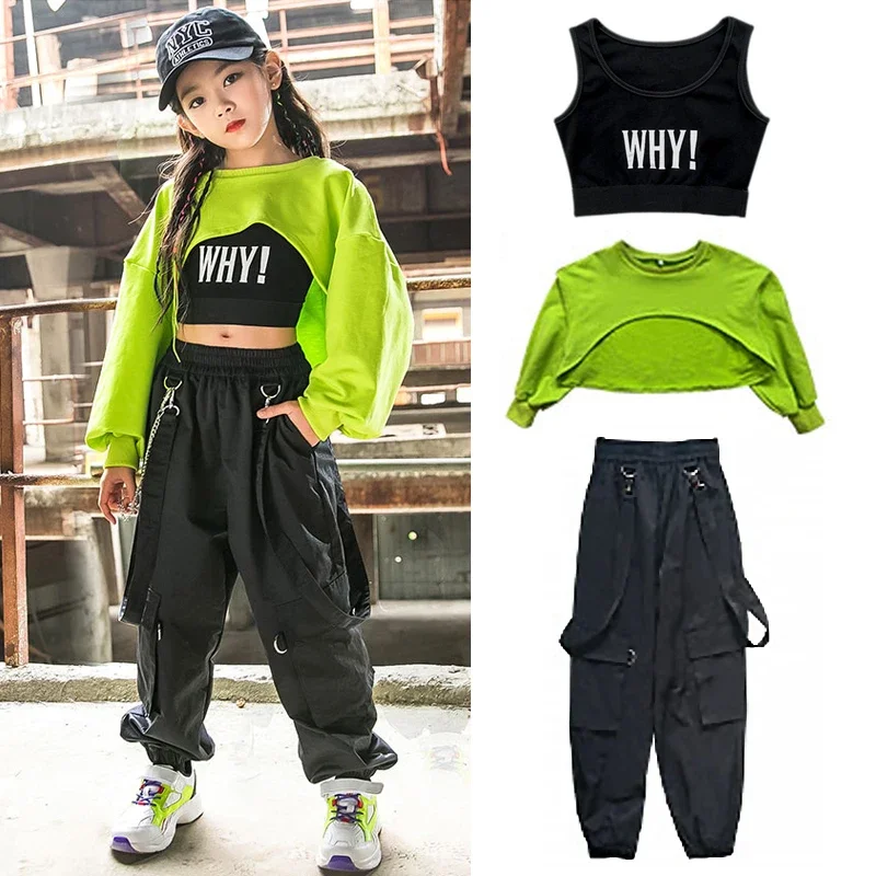 Costume Hip Hop de Salle de Bal pour Fille, Tenue de Scène Rave, Vêtements Hip Hop Vert, Pantalon Noir pour Enfants, brevJazz