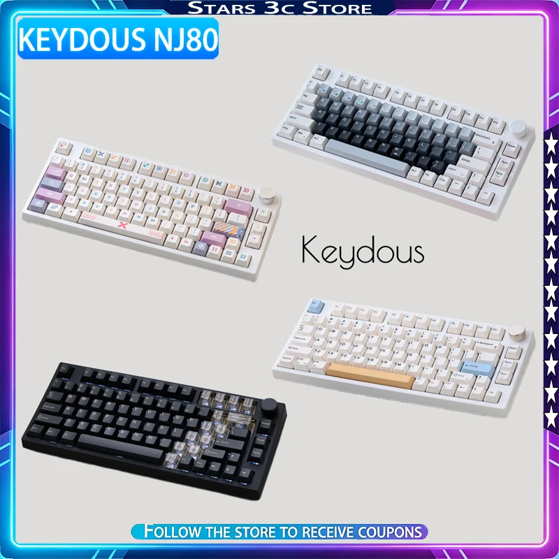 Keydous NJ80 Mechanical Keyboard Wireless Tri Mode with Metal Knob Dual 8K Return Rate Hot-swappable Low Latency Gaming Keyboard