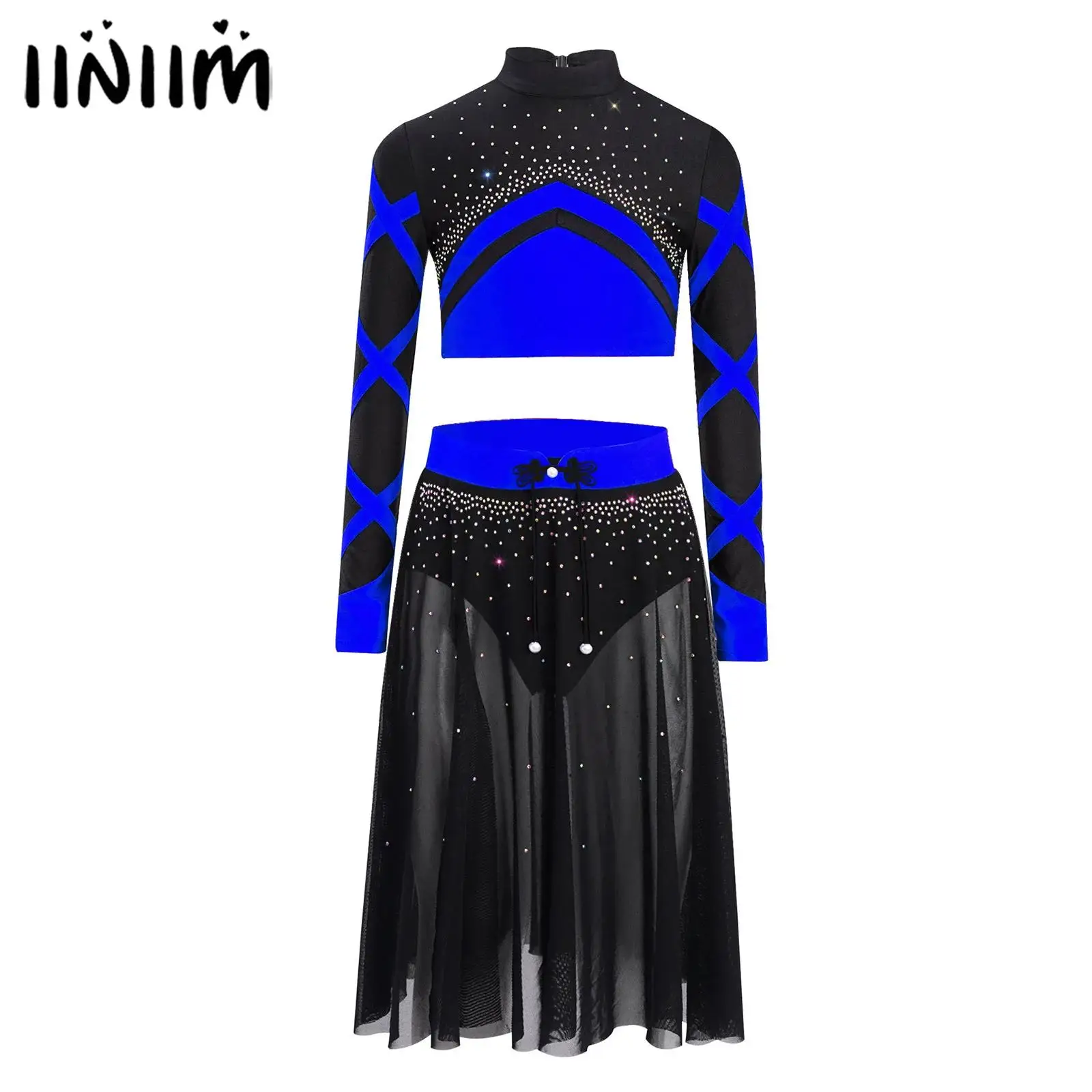 

Kids Girls Shiny Rhinestones Gymnastics Artistic Figure Skating Performance Costume Two Pieces Ballet Lyrical Dance Dress Outfit