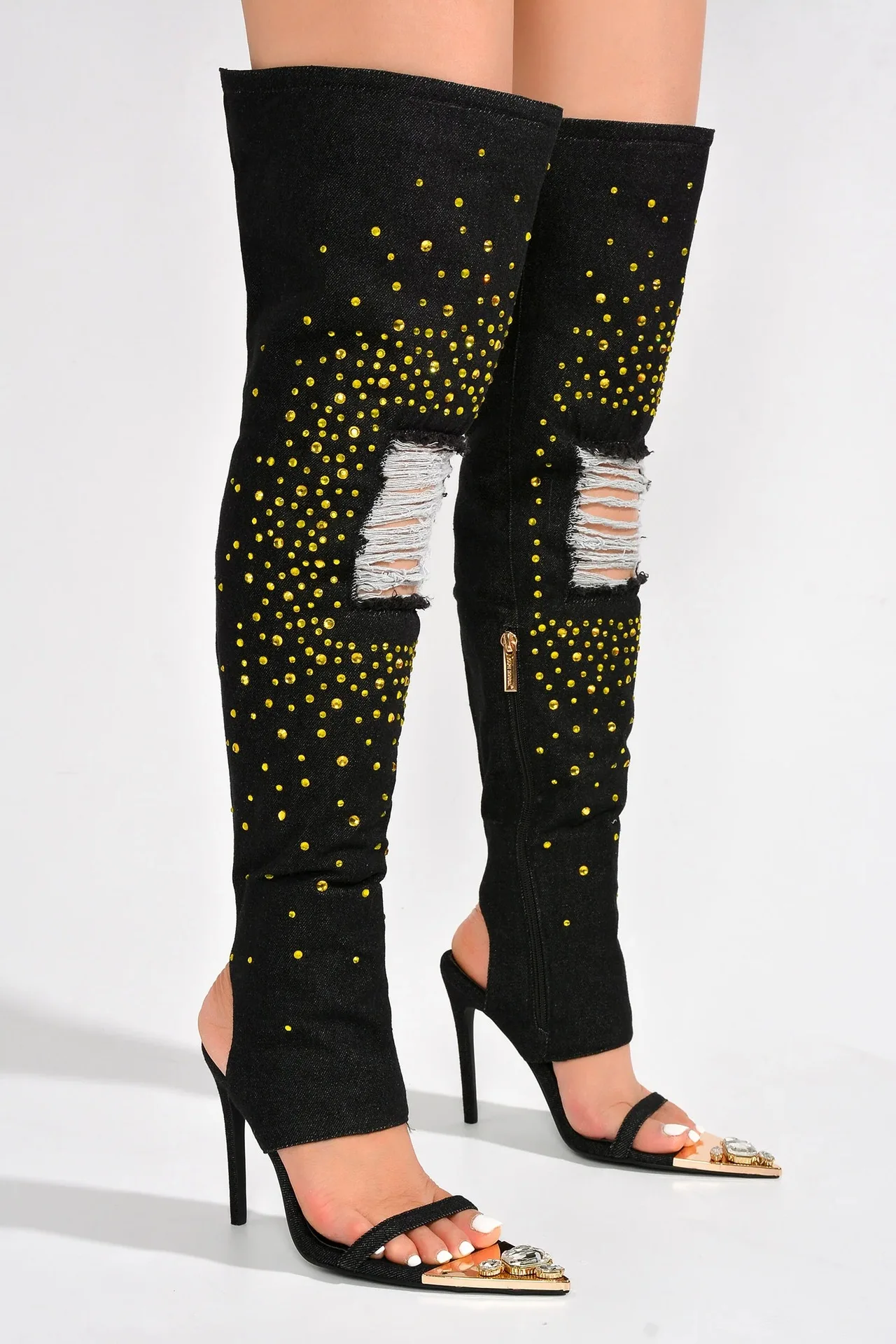 Denim Pointed Toe Over-The-Knee Crystal Summer Women Sandals Boots Stiletto High Heels Zipper Design Large Size Hollow Shoes