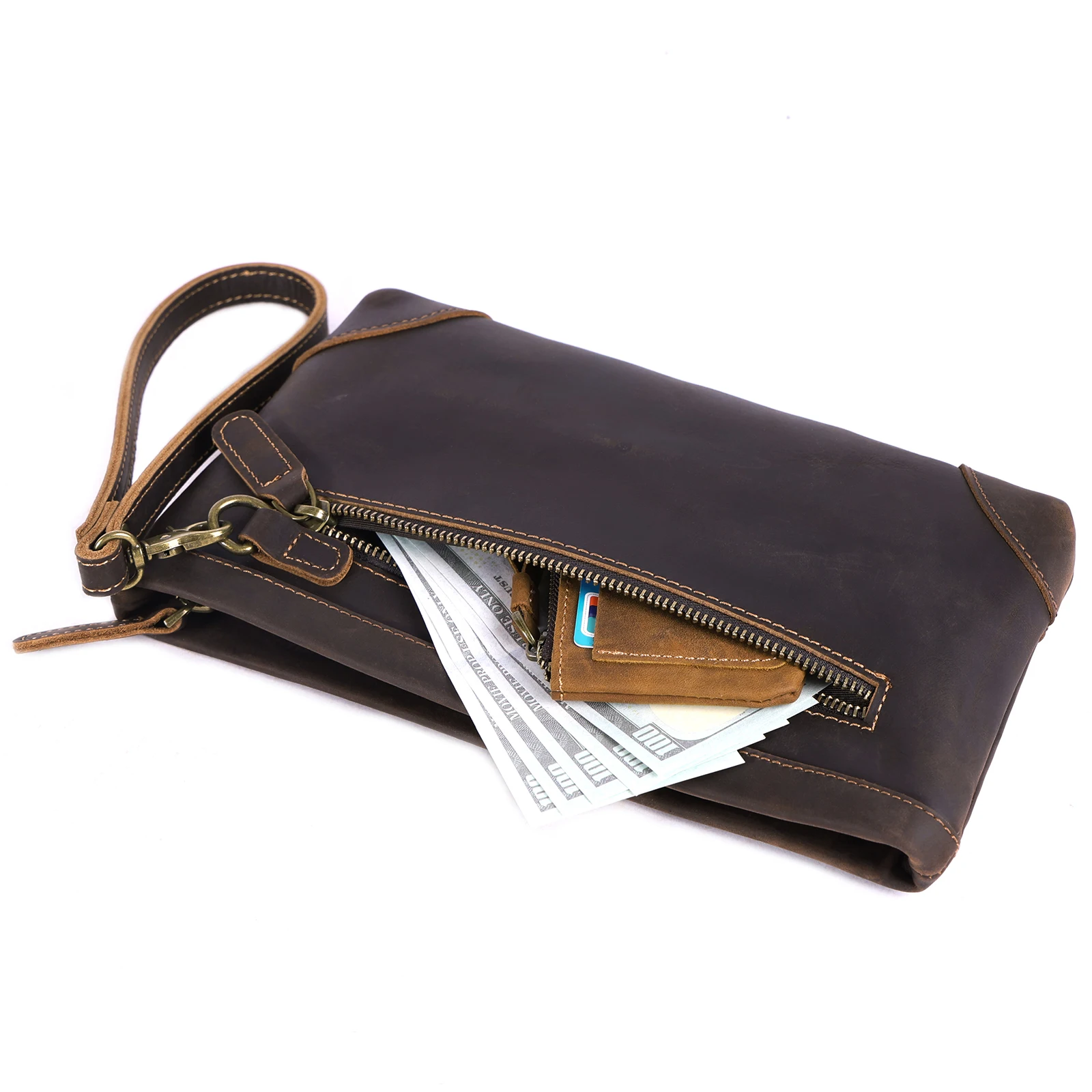 S.WORKER Vintage Echtleder Herren-Clutch-Tasche Lange Geldbörse für Männer Erstschicht-Leder-Portemonnaie Retro-Kartenhalter Handyhalter – Detail 12