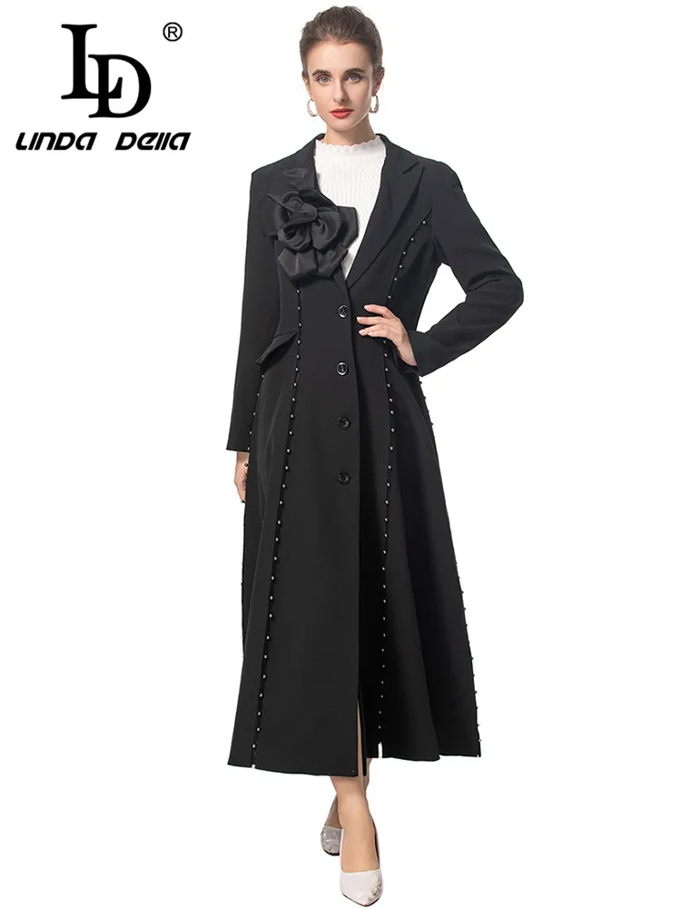 LD LINDA DELLA Women\'s Fashion Coat Autumn and Winter Long Sleeved Single-Breasted Sashes Slim Streetwear Appliques Overcoat