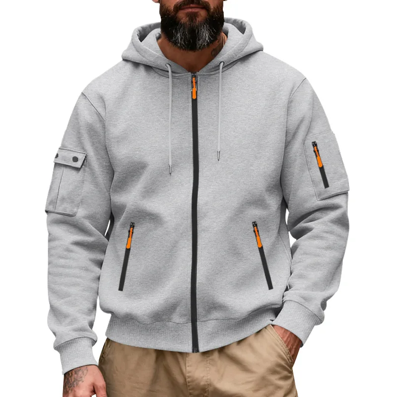 Winter Men's Loose Fleece Zipper Hooded Tooling Commuter Sports Casual Long Sleeve Sweater Jacket