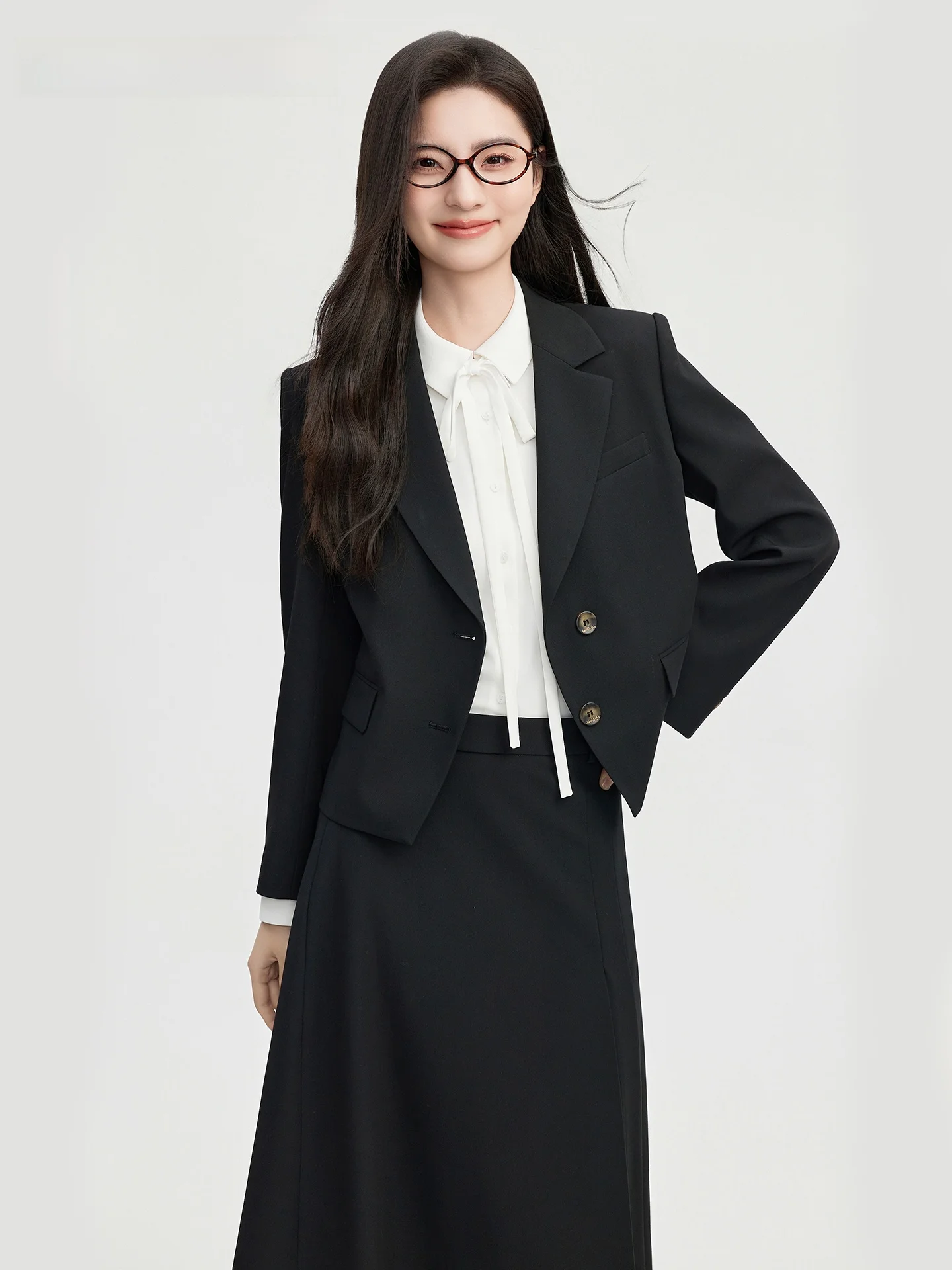

Good Young Bla Suit Set for Women Commute Interview Ele Sle Polyester Fiber ort Coat Long Sve Tee Button Cuff