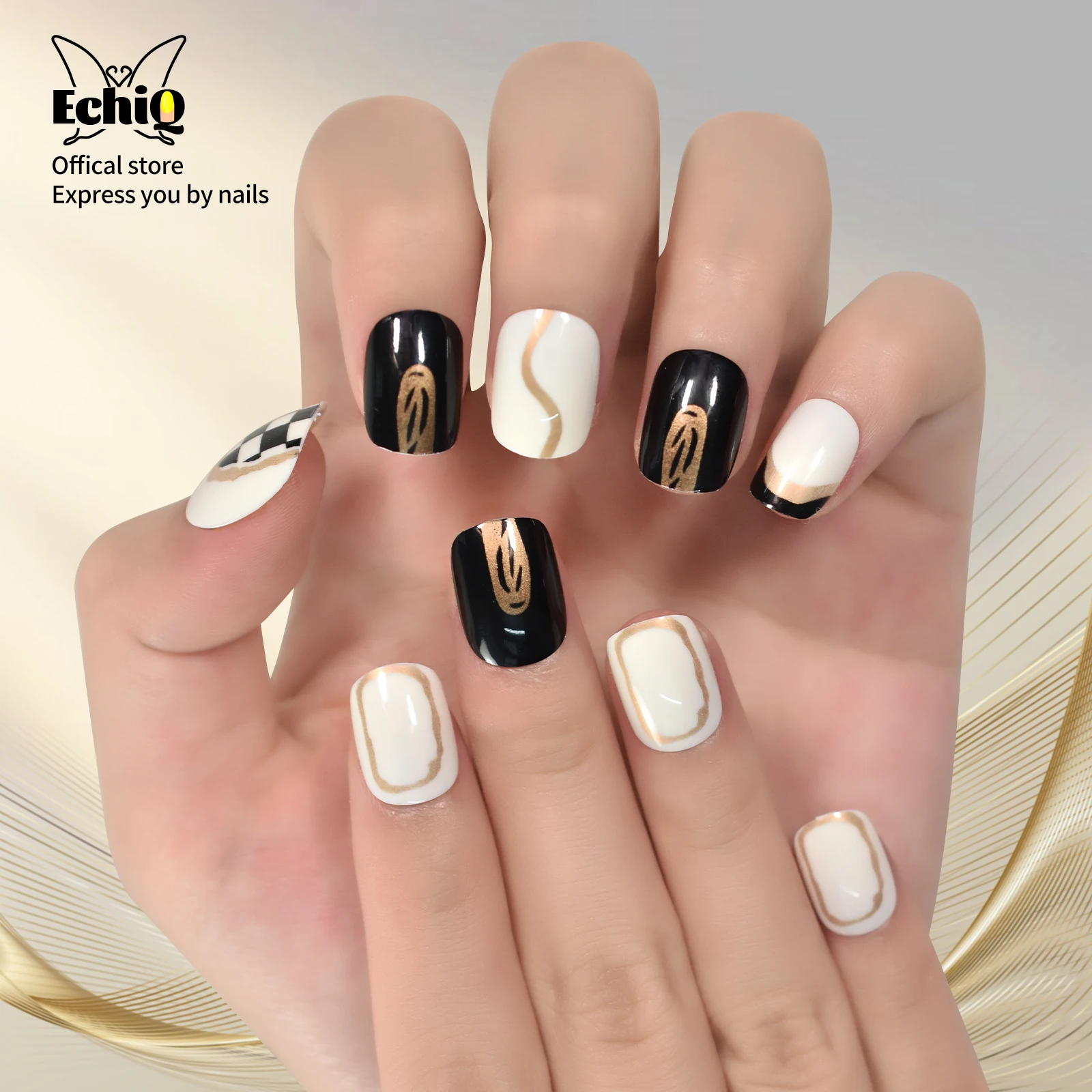 Vingernagels ontworpen glanzende nagels set druk op nagels kunst volledige dekking korte ronde vorm salon thuis manicure