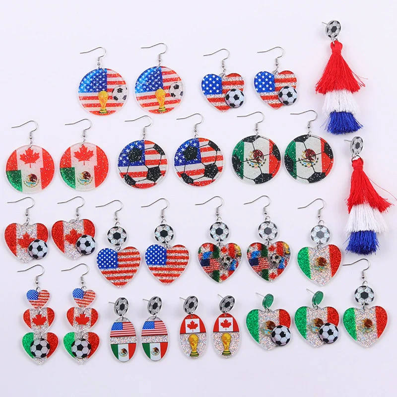 New USA, Canada, Mexico Football National Flag Elements Celebration Earrings Tassel Round Acrylic Earrings Sports Style Earrings