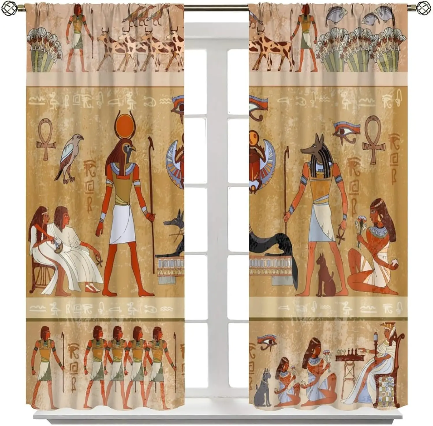 Vintage Ancient Egypt Curtains, Mysterious Old Egypt African Pharaoh Theme Window Treatments for Living Room, Egyptian Culture W