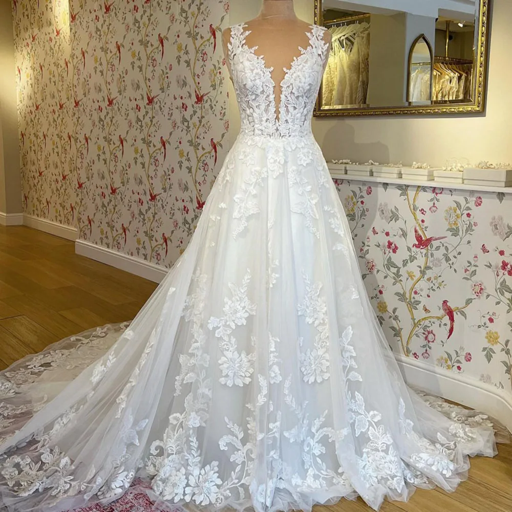 

Elegant Floral Print Wedding Dress White Fashion Lace Appliques Floor Length A-Line Gowns Exquisite Court Train Bride Dress