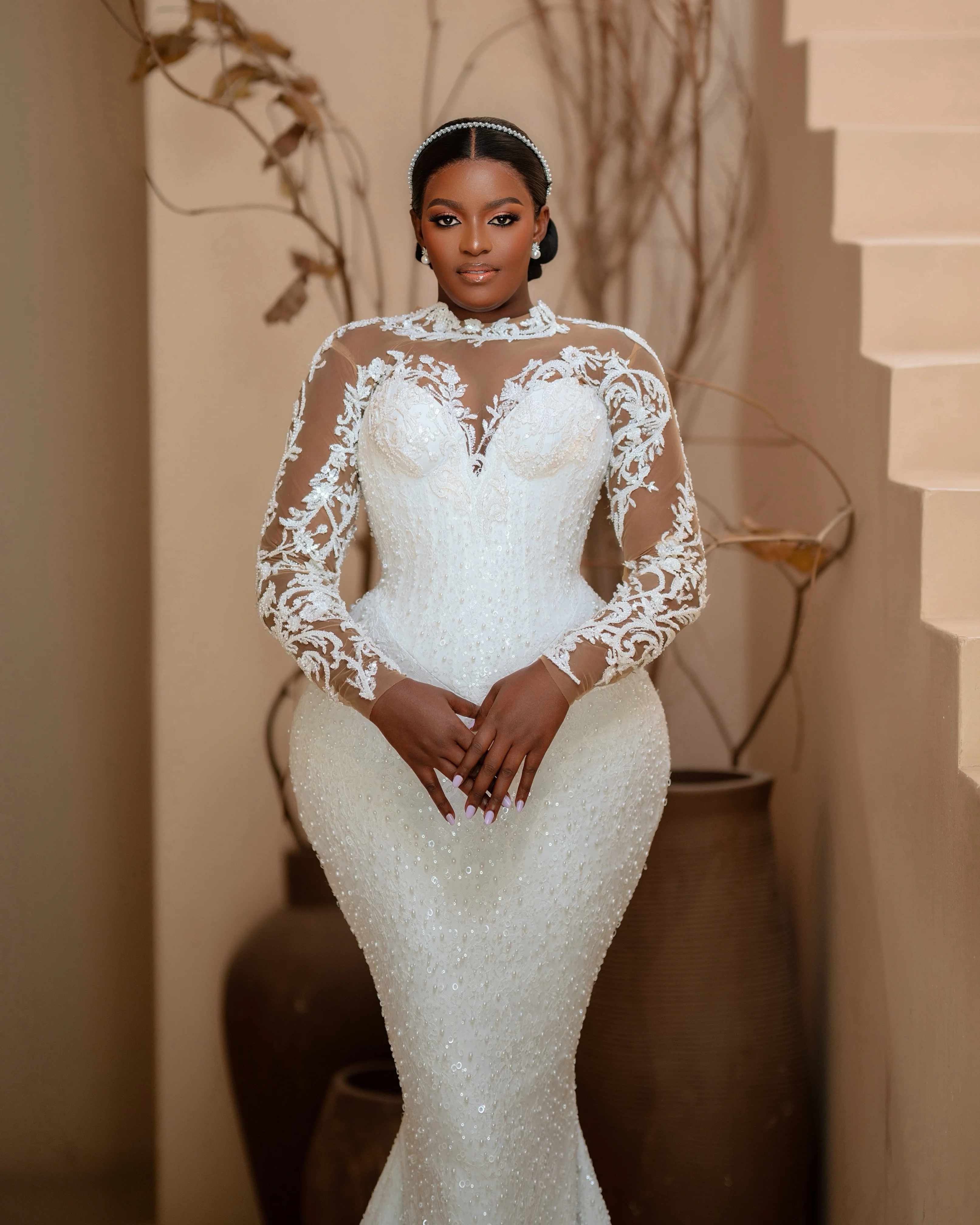 Luxury Lace Long Sleeve Mermaid Wedding Dress Detachable Ruffle Edge Skirt High Neck Sparkling Bride Bridal Gowns Vestidos