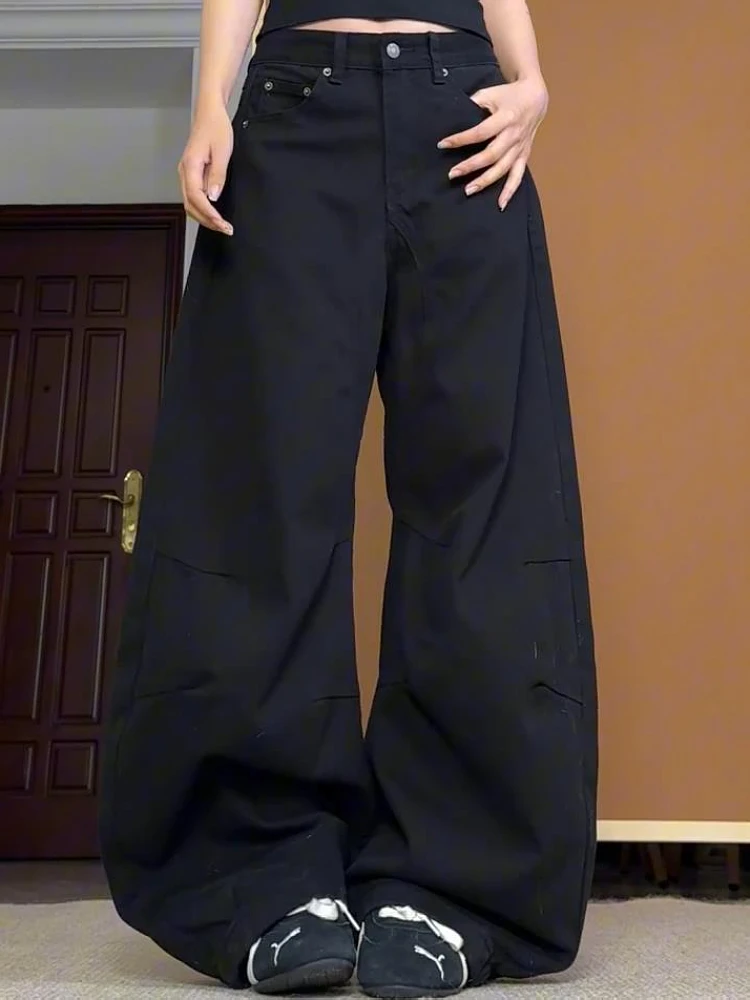 American High Street Deconstructed Pleated Denim Jeans Women's plus Size Slimming Loose Wide Leg Knife Drop Sensation Floor-L...