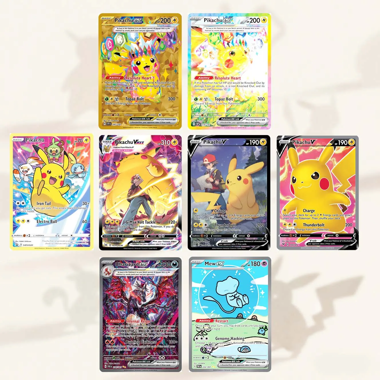 

PKM Foil Cards Proxy Cards PikachuEX PikachuVMAX CharizardEX MewEX Holographic Game Trading Collection PTCG Proxy Toys Gifts