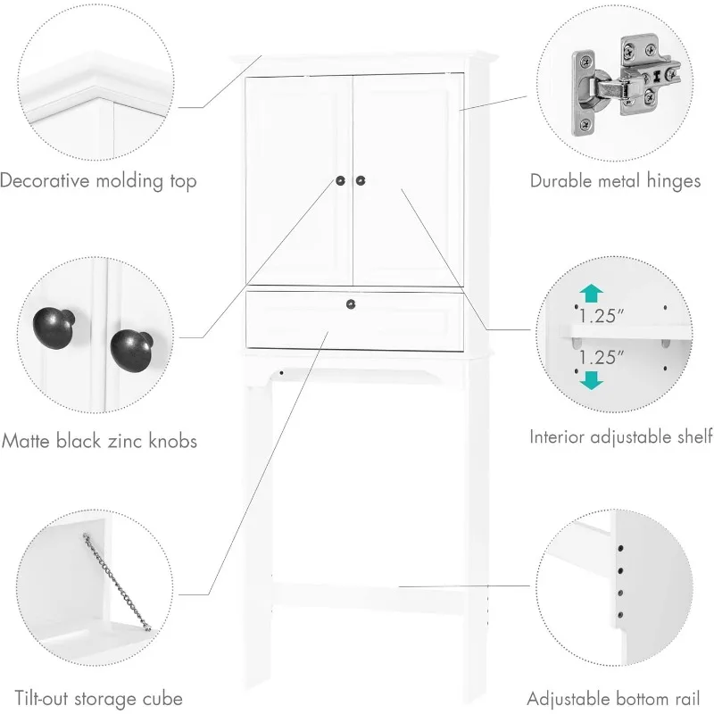 Over The Toilet Storage Cabinet, Bathroom Above Toilet Storage Cabinet with Doors and Adjustable Shelves, White