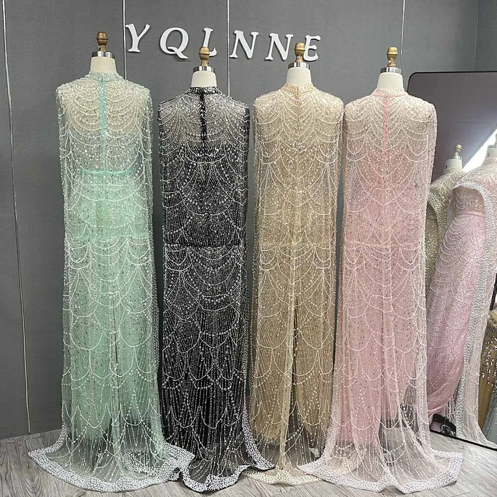 Luxury Dubai Champagne Evening Dresses with Cape Pearls Beaded Arabic Women Mermaid Wedding Party Prom Dress